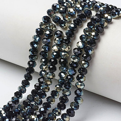 Black Electroplate Glass Beads Strands, Half Plated, Rainbow Plated, Faceted, Rondelle, Black, 4x3mm, Hole: 0.4mm, about 123~127pcs/strand, 16.5~16.9 inch(42~43cm)