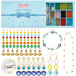 Mixed Color SUNNYCLUE DIY Evil Eye Style Glass Seed Bead Bracelets Kits, Including Alloy Enamel & Acrylic Enamel Beads, Zinc Alloy Lobster Claw Clasps, Elastic Crystal Thread and Tail Wire, Mixed Color