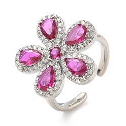 Орхидея Кольца-манжеты из цветочной латуни с микропаве из кубического циркония для женщин, без кадмия и без свинца, стойки покрытие, платина, сиреневые, 19.5x20.5 мм, внутренний диаметр: 17.2 мм