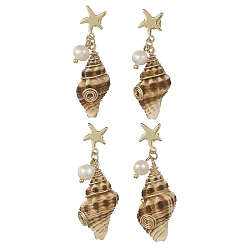 Golden 304 Stainless Steel with Natural Pearl Beads Stud Earrings, Starfish, Spiral Shell Dangle Earrings for Women, Golden, 40~43x14~16mm