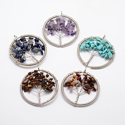 Mixed Stone Tree of Life Natural & Synthetic Mixed Stone Bead Brass Wire Wrapped Big Pendants, Cadmium Free & Nickel Free & Lead Free, Platinum, 54~60x49~52x6~9mm, Hole: 4~6mm