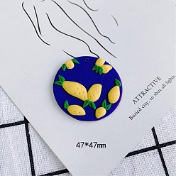 Blue Handmsde Polymer Clay Pendants, Flat Round with Flower, Blue, 47mm