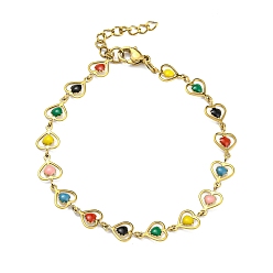 Colorful Enamel Heart Link Chain Bracelet, Vacuum Plating Golden 201 Stainless Steel Bracelet, Colorful, 6-3/4 inch(17.3cm)