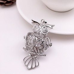 Platinum Brass Bead Cage Pendants, Hollow Owl Charms, for Chime Ball Pendant Necklaces Making, Platinum, 18mm