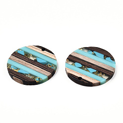 Turquoise Transparent Resin & Walnut Wood Pendants, with Gold Foil, Flat Round Charm, Turquoise, 30x3.5mm, Hole: 2mm