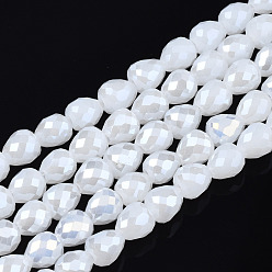 White Electroplate Glass Beads Strands, Imitation Jade Glass, AB Color Plated, Faceted, Teardrop, White, 4.5x4.5mm, Hole: 1mm, about 100~101pcs/strand, 17.87 inch~18.03 inch(45.4cm~45.8cm)