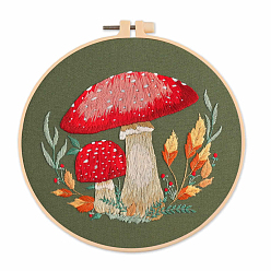 Dark Olive Green Mushroom Pattern Embroidery Starter Kits, including Embroidery Fabric & Thread, Needle, Embroidery Hoop, Instruction Sheet, Dark Olive Green, 300x300mm