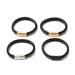 Mixed Color Black Leather & 304 Stainless Steel Rope Braided Cord Bracelet Magnetic Clasp for Men Women, Mixed Color, 8-5/8 inch(21.8cm)