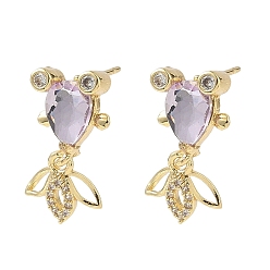 чертополох Серьги-гвоздики в форме рыбок из латуни с микропаве из кубических цирконий, со стеклом, стойки покрытие, золотые, чертополох, 20.5x10.5 мм