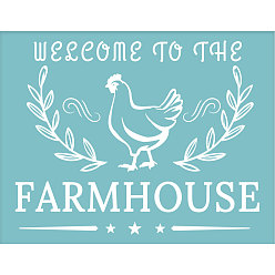 Other Animal Self-Adhesive Silk Screen Printing Stencil, for Painting on Wood, DIY Decoration T-Shirt Fabric, Sky Blue, Chicken with WELCOME TO THE FARMHOUSE, Animal Pattern, 22x28cm