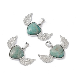 Amazonite Natural Amazonite Pendants, Heart Charms with Wing, with Platinum Tone Brass Findings, 22x37.5x7mm, Hole: 7.5x5mm