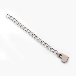 Stainless Steel Color 304 Stainless Steel Chain Extender, with Heart Chain Tab, Stainless Steel Color, 58x3mm