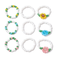 Mixed Color 3Pcs 3 Style Glass Seed Beaded Stretch Rings, Flower Stackable Finger Rings, Mixed Color, Inner Diameter: 17.8~18mm, 1Pc/style