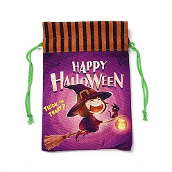 Witch Halloween Cotton Cloth Storage Pouches, Rectangle Drawstring Treat Bags Goody Bags, for Candy Gift Bags, Witch Pattern, 21x14.5x0.4cm
