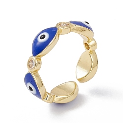 Blue Enamel Evil Eye & Clear Cubic Zirconia Open Cuff Ring, Real 18K Gold Plated Brass Jewelry for Women, Lead Free & Cadmium Free, Blue, US Size 6 1/4(16.7mm)