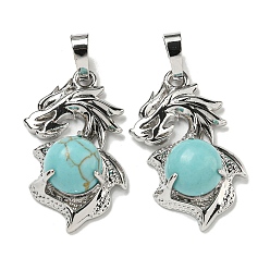 Синтетическая Бирюза Синтетические бирюзовые подвески, Подвески-драконы со стойкой, латунная фурнитура, платина, без кадмия и без свинца, 31x18x8~10 мм, отверстие : 5x8 мм