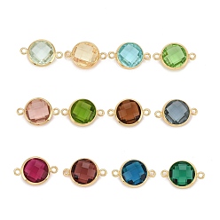 Mixed Color Brass Glass Links Connectors, Long-Lasting Plated, Lead Free & Nickel Free & Cadmium Free, Faceted, Flat Round, Real 18K Gold Plated, Mixed Color, 16.5x11x5mm, Hole: 1.4mm