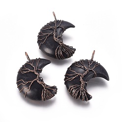 Obsidian Natural Obsidian Tree of Life Wire Wrapped Pendants, with Brass Findings, Crescent Moon, Red Copper, 44~46x26~32x12.5mm, Hole: 6.5x4.5mm