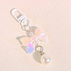 White Macaron Color Plastic Bowknot and Round Pendant Keychain, with Clasp, White, 90mm