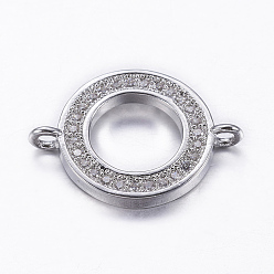 Real Platinum Plated Brass Micro Pave Cubic Zirconia Links, Flat Round, Real Platinum Plated, 14x19.5x2mm, Hole: 1.5mm
