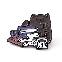 Food This Is Life Book Coffee Enamel Pin, Electrophoresis Black Alloy Brooch for Cat Person, Coffee Pattern, 25x31x2mm, Pin: 1.3mm