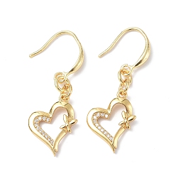 Golden Clear Cubic Zirconia Heart with Butterfly Dangle Earrings, Rack Plating Brass Jewelry for Valentine's Day, Golden, 39mm, Pin: 1mm