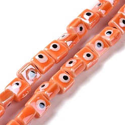 Orange Brins de perles en céramique de porcelaine faites à la main, famille rose de style, carré avec mauvais œil, orange, 7.5~8x7.5~8x5~5.5mm, Trou: 2mm, Environ 40 pcs/chapelet, 12.36~12.44 pouce (31.4~31.6 cm)