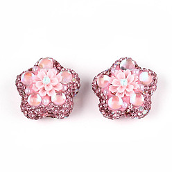 Бледно-фиолетовый Красный Полимерная глина в форме цветка со стразами, с жемчужиной из смолы и АБС-пластика, для ручек с бусинами, брелки, ювелирные изделия и ремесла, бледно-фиолетовый красный, 25.5x26.5x18.5 мм, отверстие : 1.8 мм