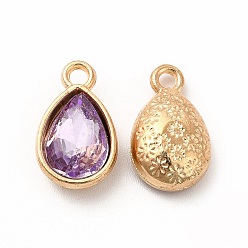 Lilac Faceted Glass Rhinestone Pendants, with Golden Tone Zinc Alloy Findings, Teardrop Charms, Lilac, 15x9x5mm, Hole: 2mm