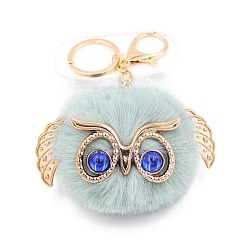 Light Blue Cute Pompom Fluffy Owl Pendant Keychain, with Alloy Findings, for Woman Handbag Car Key Backpack Pendants, Light Blue, 12x9cm
