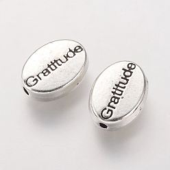 Antique Silver Tibetan Style Alloy Beads, Oval with Word Gratitude, Antique Silver, 11x8x3mm, Hole: 1mm