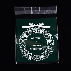 Dark Green Rectangle OPP Cellophane Bags for Christmas, with Wreath Pattern, Dark Green, 14x9.9cm, Unilateral Thickness: 0.035mm, Inner Measure: 11x9.9cm, about 95~100pcs/bag