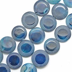 Marine Blue Natural Agate Beads Strand, Half Frosted, Dyed, Flat Round, Marine Blue, 24~27x5~7.5mm, Hole: 2.5mm, about 15pcs/strand, 15.5 inch
