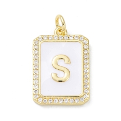 Letter S Brass Enamel Micro Pave Clear Cubic Zirconia Pendants, with Jump Ring, Real 18K Gold Plated, Rectangle Charm, Letter S, 20x13.5x2mm, Hole: 3.4mm