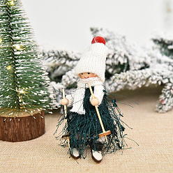 Green Cloth & Wood Ski Doll Pendant Decorations, for Christmas Tree Hanging Ornaments, Green, 100x50x60mm