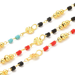 Colorful Brass Handmade Beaded Chains, with Glass Beads, with Spool, Unwelded, Real 18K Gold Plated, Colorful, 0.5~7x2~4mm, about 32.81 Feet(10m)/Roll