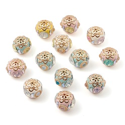 Mixed Color Handmade Indonesia Beads, with Glass Rhinestone and Alloy Findings, Rondelle with Flower, Mixed Color, 19x19x20mm, Hole: 1.8mm