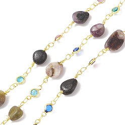 Fluorite Natural Fluorite Nugget Beaded Brass Cable Chains, with Colorful Cubic Zirconia Flat Round Links, Soldered, with Spools, Cadmium Free & Lead Free, Real 18K Gold Plated, 17~18x6.5~7x5~5.5mm, 7.5x4x2mm