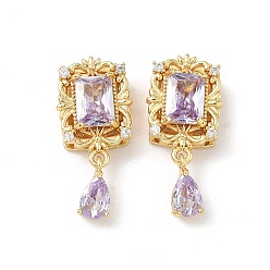 Фиолетовый Латунные микро проложить кубического циркония бусы, прямоугольник и слеза, реальный 18 k позолоченный, фиолетовые, 23x10x6 мм, отверстие : 1.5 мм