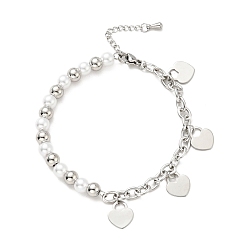 Stainless Steel Color 201 Stainless Steel Heart Padlock Charm Bracelet, Plastic Pearl Beaded Bracelet with 304 Stainless Steel Cable Chains for Women, Stainless Steel Color, 7-1/2 inch(19cm)