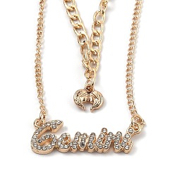 Gemini Alloy Double Layered Necklaces, Pendant Necklaces, with Glass Rhinestone, Constellation/Zodiac Sign, Golden, Gemini, Word: 33.5x12x2.5mm, 16.14 inch(41cm)