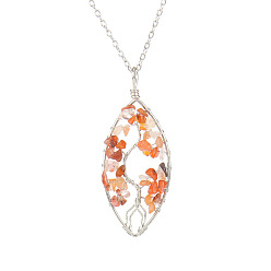 Carnelian Natural Carnelian Chips Beaded Horse Eye with Tree Pendant Necklaces, with Platinum Brass Chains, 20.08 inch(51cm)