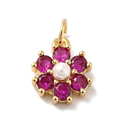 Cerise Rack Plating Brass Micro Pave Cubic Zirconia Charms, with Pearl, Cadmium Free & Lead Free, Real 18K Gold Plated, Flower, Cerise, 12.5x10.5x4mm, Hole: 3.6mm
