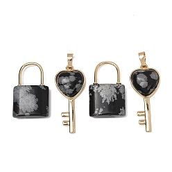 Snowflake Obsidian Natural Snowflake Obsidian Beaded Pendants, Lock and Key Charms, with Golden Brass Findings, 31.5~32.5x20~20.5x7.5mm, Hole: 11x12mm