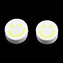 Champagne Yellow Handmade Polymer Clay Beads, Flat Round with Smiling Face, Champagne Yellow, 9~10x4mm, Hole: 1.2~1.6mm