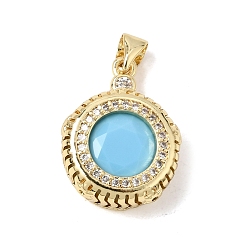 Sky Blue Brass Pave Cubic Zirconia Pendants, Flat Round Charms, Rack Plating, Long-Lasting Plated, Lead Free & Cadmium Free, Real 18K Gold Plated, Sky Blue, 22x16x6.5mm, Hole: 5x3.5mm