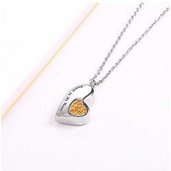 Orange Urn Ashes Necklace, Cubic Zirconia Heart with Word Forever In My Heart Pendant Necklace, Stainless Steel Memorial Jewelry for Women, Orange, 19.69 inch(50cm)