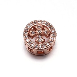 Real Rose Gold Plated Eco-Friendly Brass Micro Pave Cubic Zirconia Flat Round with Cross Beads, Lead Free & Cadmium Free & Nickel Free, Clear, Real Rose Gold Plated, 10x5mm, Hole: 1x1mm