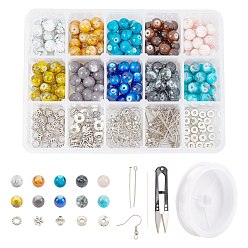 Mixed Color SUNNYCLUE DIY Earring & Bracelets Making Kits, Including Baking Painted Glass Beads, Brass Earring Hooks, Brass & Alloy Spacer Beads, Elastic Crystal Thread, Steel Scissors and Iron Beading Needles, Mixed Color, Glass Beads: 8.5~9mm, Hole: 1.5mm, 200pcs/set