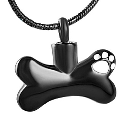 Black Titanium Steel Dog Bone with Paw Print Pendant Necklaces, Urn Ashes Necklaces, Black, 21.65 inch(55cm)